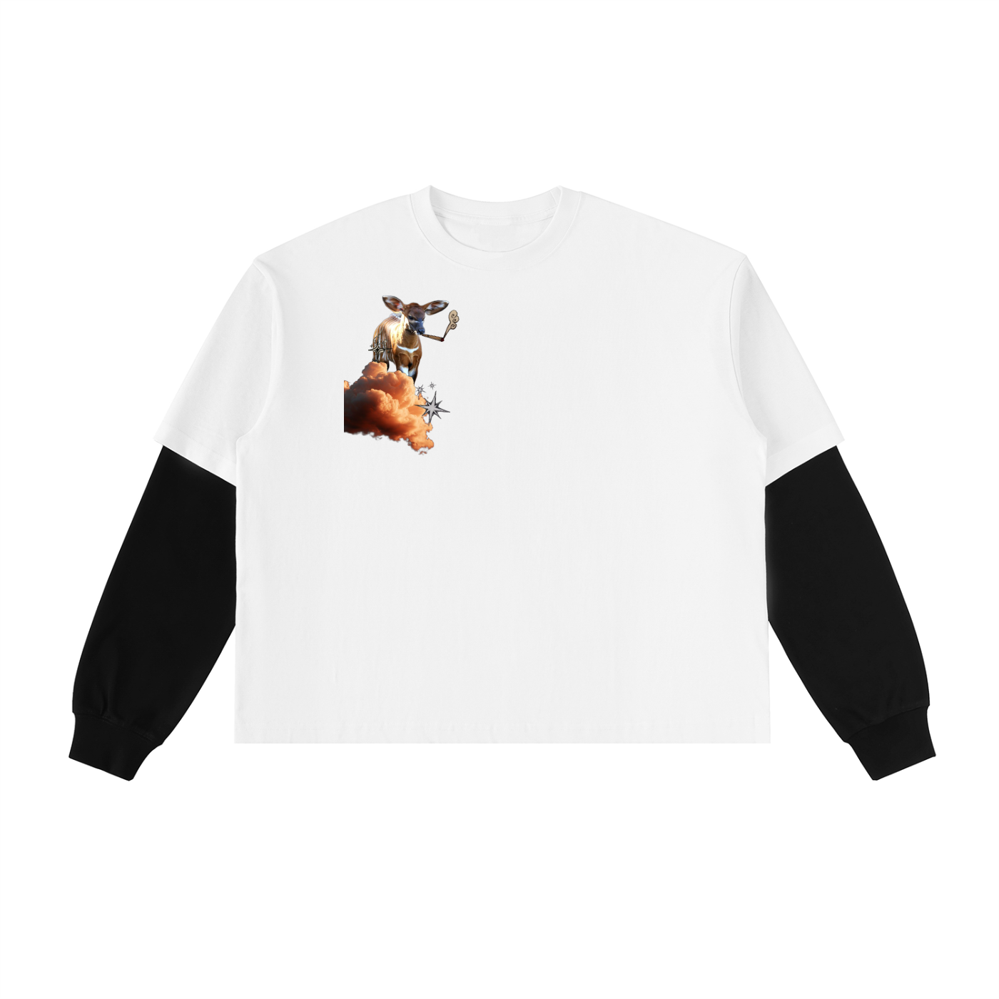Stressed Antelope Layered Sleeve Cotton T-Shirt