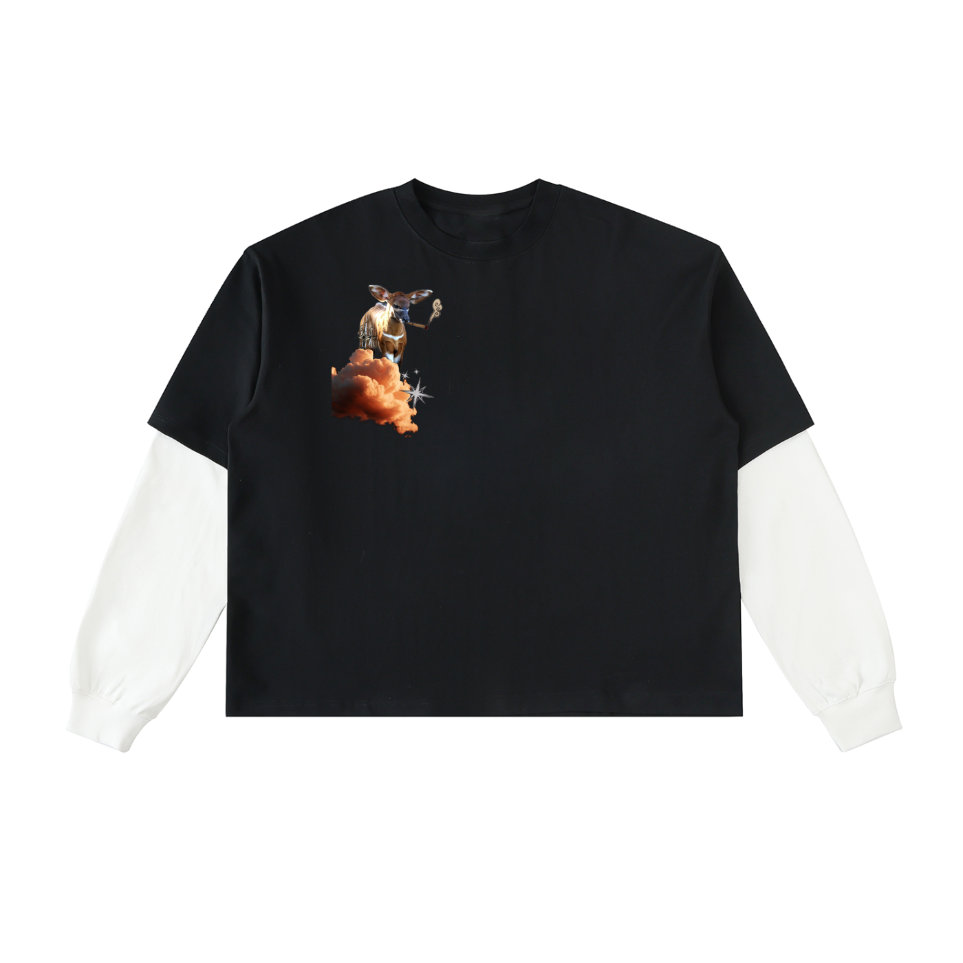 Stressed Antelope Layered Sleeve Cotton T-Shirt